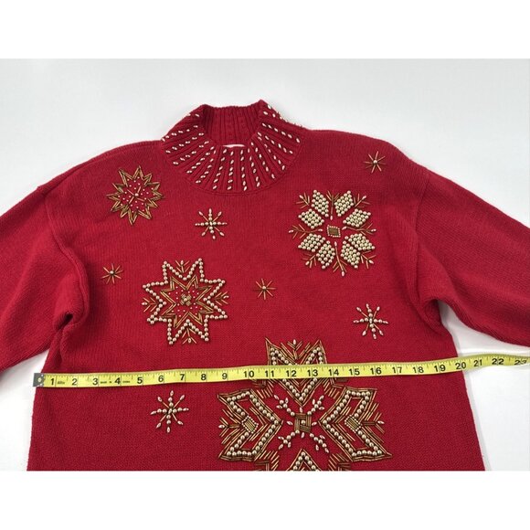 Victoria Jones Sweater Womens Medium Red Christmas Gold Snowflakes Tunic Beaded - Picture 6 of 12